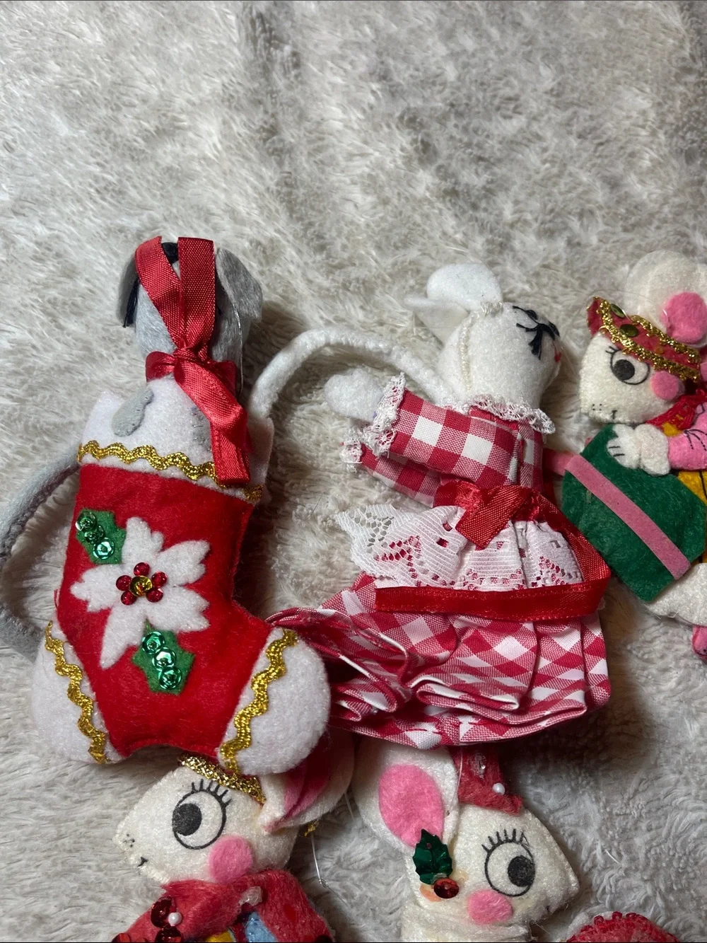Vintage Felt Christmas Mouse Ornaments - Red, Pink, Yellow, Green, White